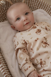 Beige with birds print evolutive onesie 