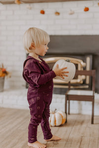 Evolutionary aubergine overalls with owl pattern