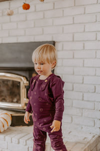 Evolutionary aubergine overalls with owl pattern