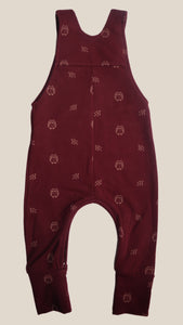 Evolutionary aubergine overalls with owl pattern