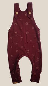 Evolutionary aubergine overalls with owl pattern